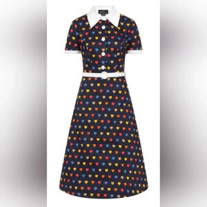 Modcloth Collectif Bright & Beautiful Navy w/ Multi Color Hearts Shirt Dress